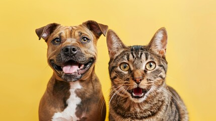 Friendly Dog and Cat with Cheerful Expressions Looking at Camera Together, Isolated on Light Yellow Background