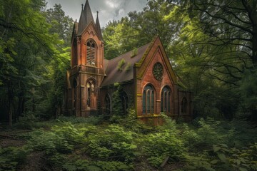 Obraz premium Exploring the mysterious and enchanting abandoned gothic church in the serene and haunting wilderness of an ancient enchanted forest. Overgrown with greenery and ivy