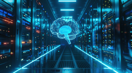 Fototapeta premium Brain Futuristic Technology background. 3D render of a glowing brain inside a server room with a data center. Neural network hologram concept for artificial intelligence technology. Brain hologram. 