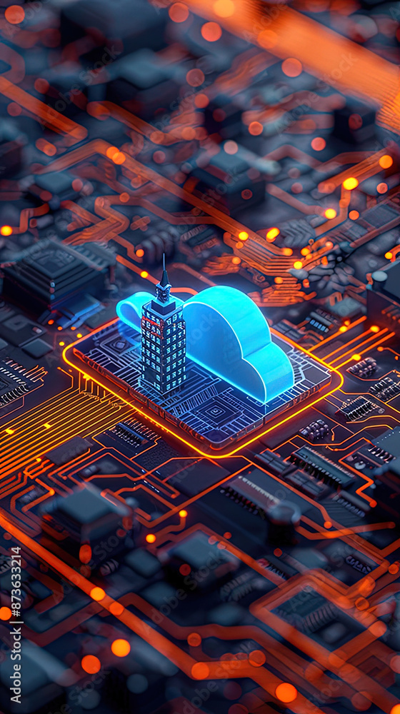 Poster a cloud technology with isometric icons on circuit board. technology using cloud computing on a city