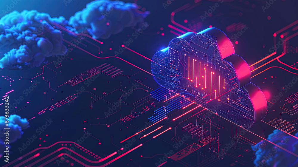 Poster a cloud technology with isometric icons concept. abstract futuristic digital network connection. net