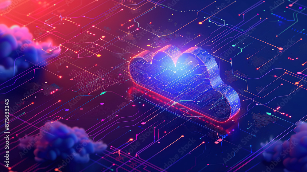 Poster a cloud technology with isometric icons concept. abstract futuristic digital network connection. net