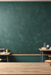 empty table top with classroom chalkboard copy space