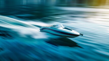 Big boat in motion on the water top view. Luxury speedboat with people moving fast on dark blue water making a white trail behind the boat, aerial view.