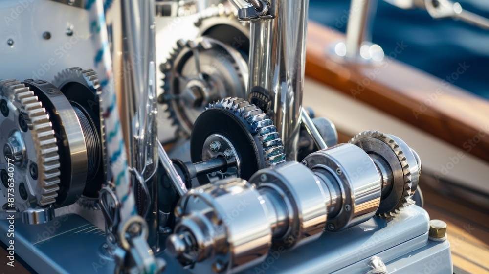 Poster the sleek design of a modern winch its gears and levers ready to be utilized for maximum sailing eff