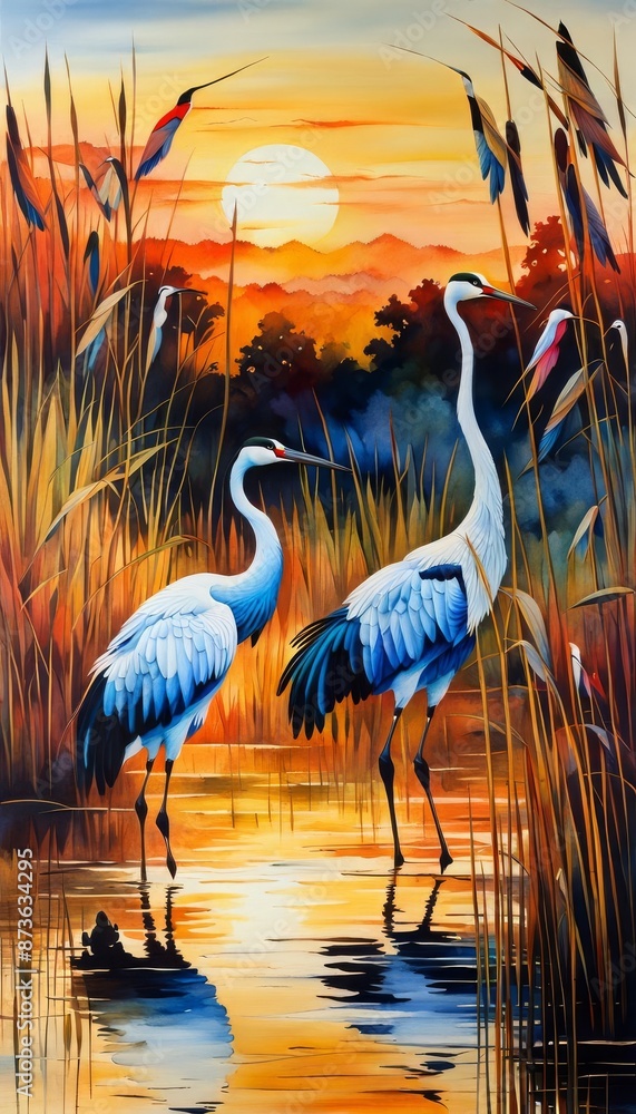 Wall mural An illustration of cranes in the water at sunset. 