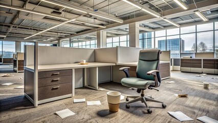 Abandoned office cubicle with overturned chair, scattered papers, and abandoned coffee cup amidst deserted corporate workspace atmosphere.