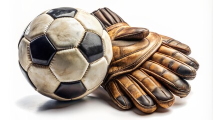 Close-up of a solitary soccer ball resting on a pair of worn goalkeeper gloves on a pristine white background surface.