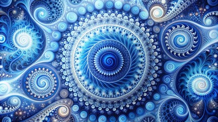 Vibrant blue and white abstract artwork featuring intricate circular patterns and swirling shapes on a dynamic textured background.