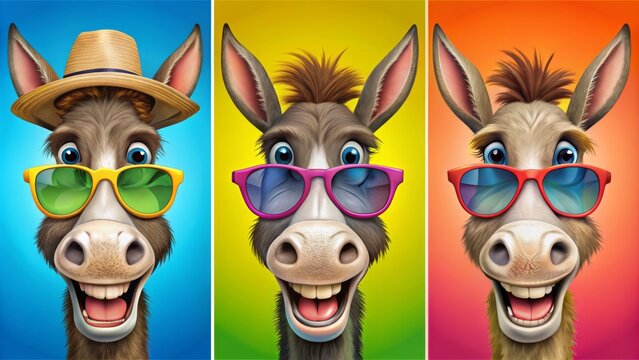 Adorable cartoon donkey faces with goofy expressions wearing hats and sunglasses on colorful backgrounds for farm-themed designs.