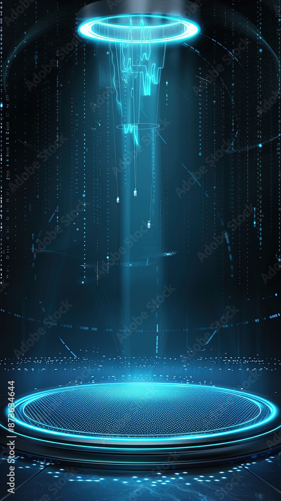 Poster abstract futuristic technology background. glowing hologram elements and blue circular podium displa