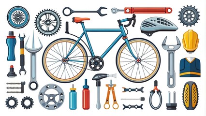 Bike tools and equipment part icon set. Bike and attributes