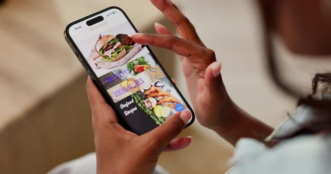 Home, hands and scroll on menu with phone screen, food website and browse for decision. Female person, connection and mobile on restaurant app for takeaway, delivery service or check options in house