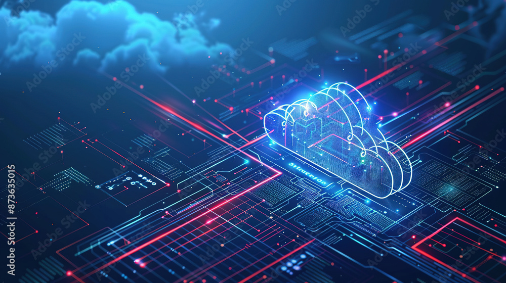 Poster a cloud technology with isometric icons concept. abstract futuristic digital network connection. net