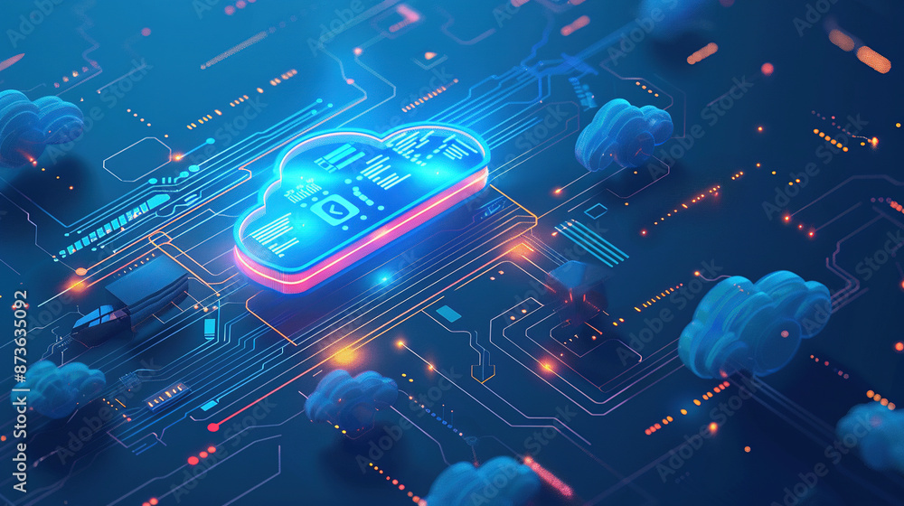 Poster a cloud technology with isometric icons concept. abstract futuristic digital network connection. net