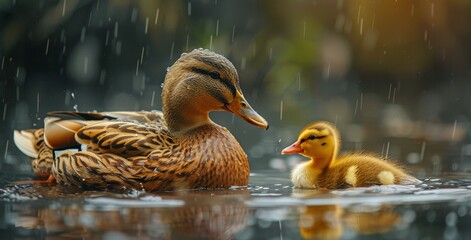 Adult Duck And Duckling Swimming In Rain