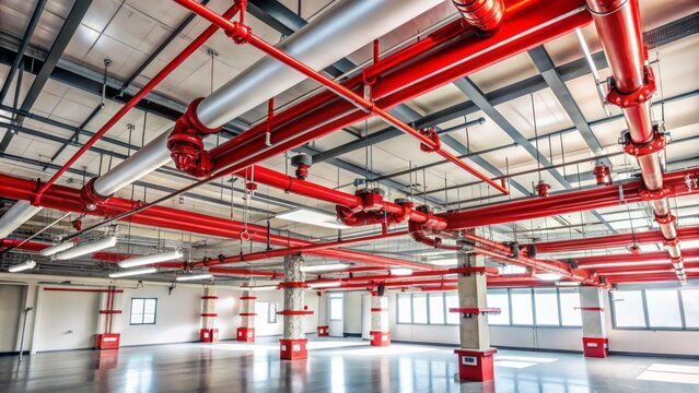 Modern ceiling-mounted fire suppression system with pipes and sprinkler heads installed in accordance with safety regulationsalone.