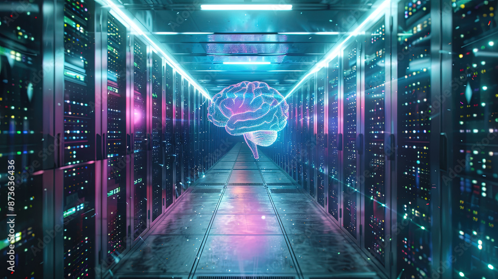 Poster Brain Futuristic Technology background. 3D render of a glowing brain inside a server room with a data center. Neural network hologram concept for artificial intelligence technology. Brain hologram. 