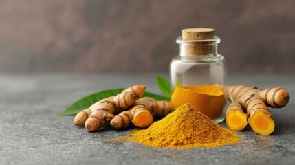 Turmeric Extract in a sophisticated container, with turmeric roots and powder, on a rustic kitchen surface, photorealistic and premium