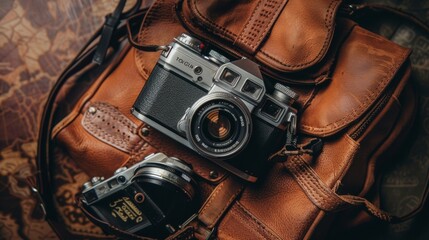 Vintage camera with leather bag on rustic surface