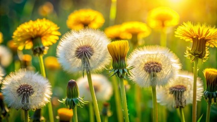 Obraz premium Vibrant yellow dandelions fill the frame, soft delicate petals near blurred garden background, with a few wispy florets floating gently.