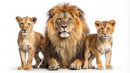 Regal majestic lion family trio comprising proud male lion, gentle lioness, and adorable cub, isolated on pure white background.
