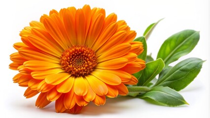 Vibrant orange petals and delicate green leaves of isolated Calendula officinalis flower on crisp white background, showcasing its intricate details.