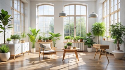 Sleek white room interior featuring natural wooden furniture, ample daylight, and modern decor, perfect for home styling and design concepts.