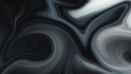 Abstract marbled paint texture pattern in white, black, and gray waves and swirls; metallic fluid or liquid flowing in an abstract pattern; silver background; chrome background