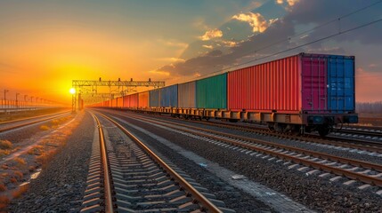 Obraz premium Freight train with colorful containers travels along railway tracks against a sunset backdrop.