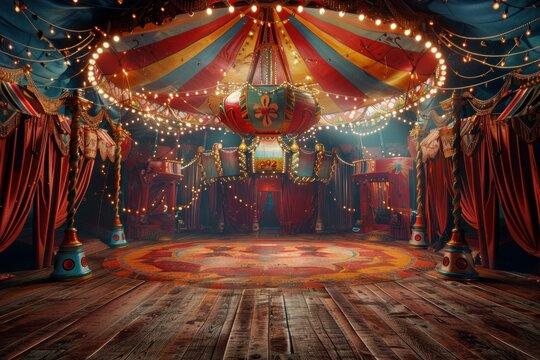 Captivating view inside a classic circus tent adorned with lit garlands, creating a magical atmosphere