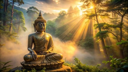 Serene landscape with majestic mountain and misty valley at sunset, peaceful atmosphere for contemplation and self-reflection, no human figure.