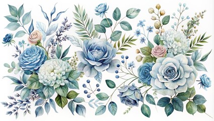 Exquisite hand-painted botanical illustrations of dusty blue flowers, eucalyptus, rose, and hydrangea on white backgrounds, perfect for wedding invitations and cards.