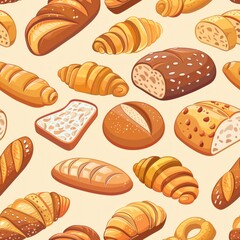 A seamless pattern featuring various types of bread such as baguettes, loaves, rolls, and croissants. Each piece of bread is illustrated in a cartoon style with warm, inviting colors and simple