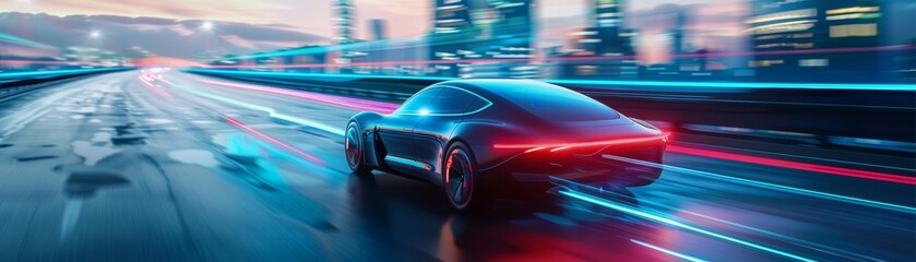 Obraz premium A futuristic car speeds through a neon-lit city at night.