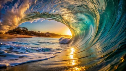 Turbulent ocean wave curls over itself, creating a hollow tube shape, crashing against the sandy beach in warm sunlight.