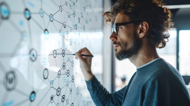 A focused man draws on a whiteboard covered in diagrams, brainstorming ideas and solutions.