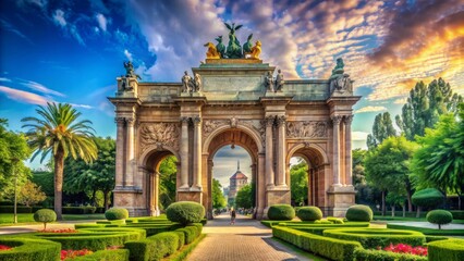 Obraz premium Majestic triumphal arch stands tall amidst lush greenery as cyclists' blurred shadows whip past on iconic Parisian boulevard backdrop.