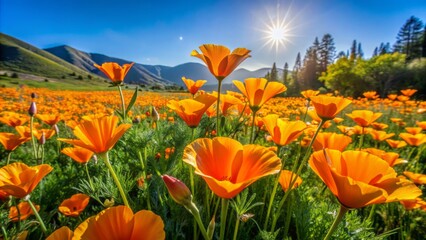 Vibrant orange Eschscholzia californica blooms sway gently in the warm sunlight amidst a lush green meadow landscape.