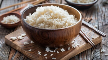 Bowl of cooked white rice with chopsticks