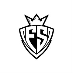 FS Letter logo with sharp triangle shield shape with crown inside white outline on white background template design
