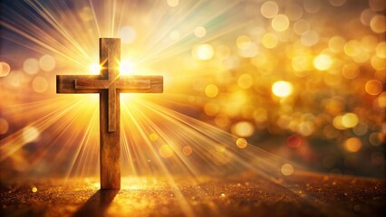 Naklejka premium Serenity fills the atmosphere as warm light illuminates an empty cross-shaped backdrop, symbolizing unity, faith, and family devotion.