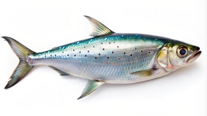 Fototapeta premium Freshly caught milkfish with silver scales and vibrant blue spots lie solitary on a clean white studio background.
