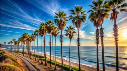 Naklejka premium Serenely majestic row of slender palm trees stretches along coastal horizon against brilliant vibrant blue sunny California sky backdrop.