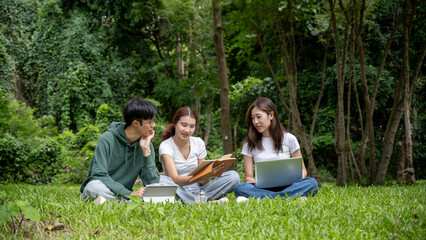 A group of cheerful Asian students in casual clothes sits and talks in the green park, enjoying their conversation while working on their co-project together.