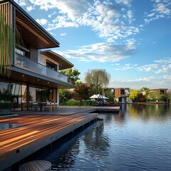 Obraz premium Wooden pier on the lake with trees and blue sky with clouds