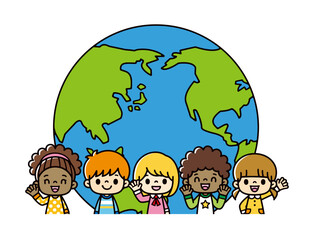 半円の地球の前に並ぶ、さまざまな人種の笑顔がかわいい子供たちのイラスト。アメリカ人やアジア人の子供たち。