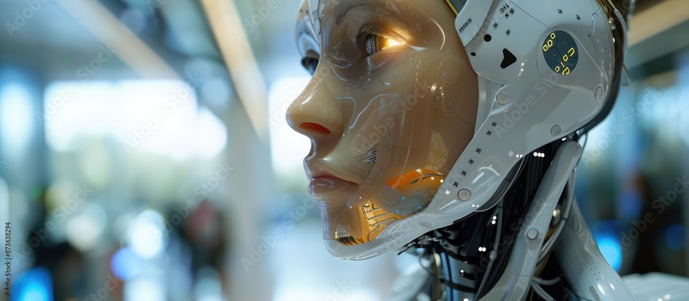 Poster high-tech robot assessing global trends displayed on a digital screen in a futuristic office setting
