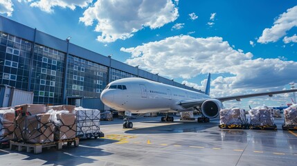 Fototapeta premium A white passenger plane parked outside a hangar with cargo containers in the foreground. The sky is blue with white clouds.