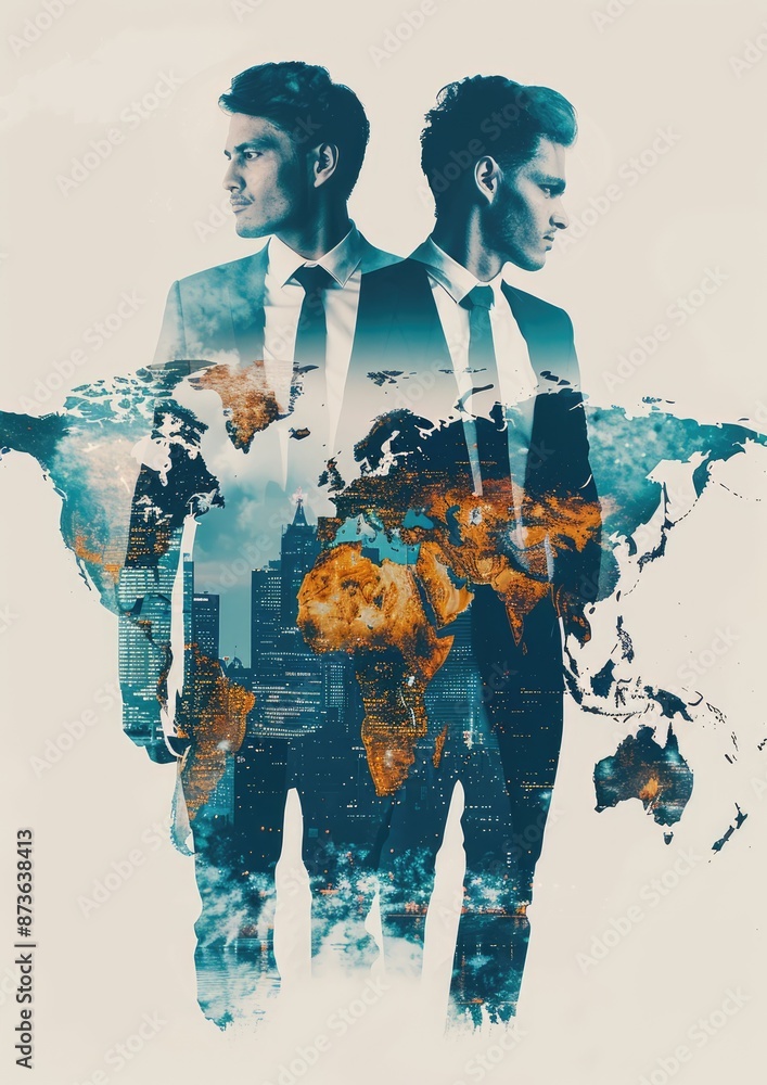 Poster global business strategy concept - team of executives with double exposure world map on white backgr